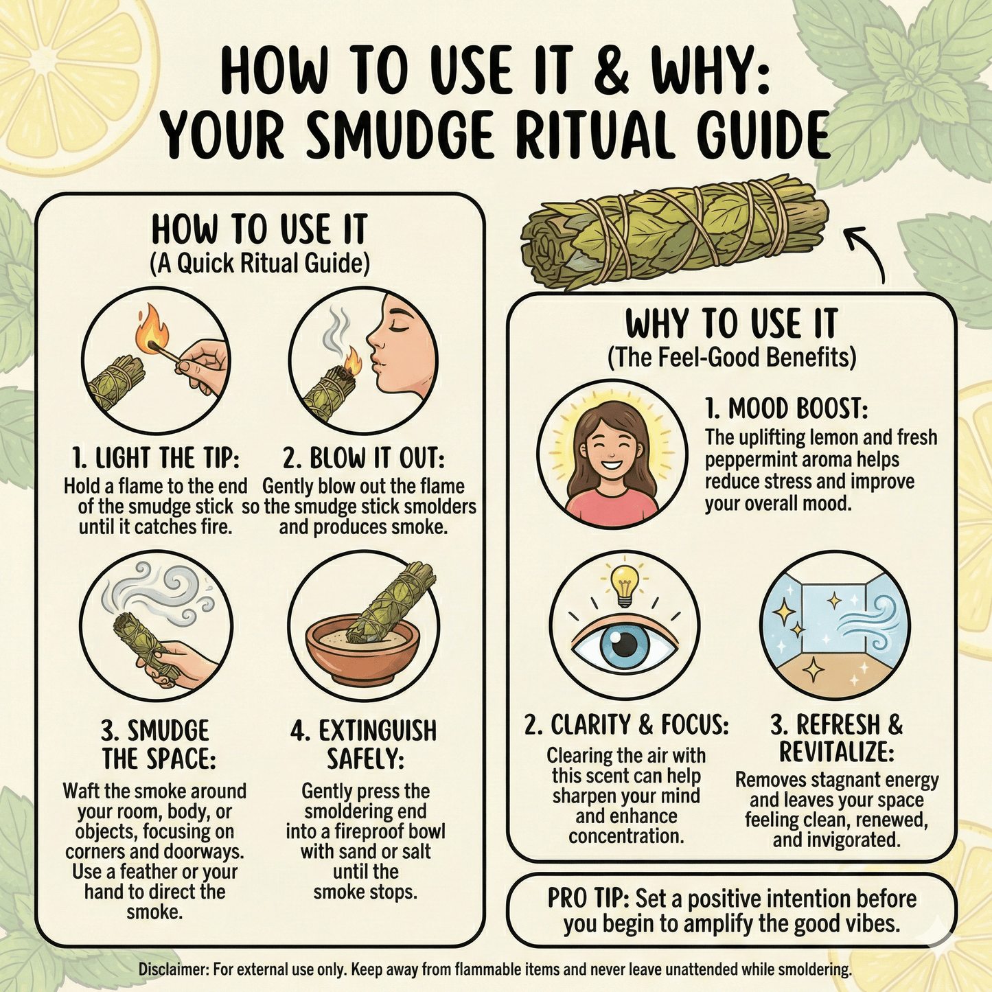 Lemon Balm & Peppermint Smudge Stick | 4" Uplifting & Refreshing Ritual Bundle - Ziya Blue