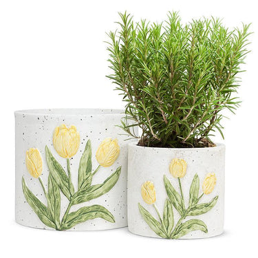 Lg Planter w/ Yellow Tulip - Ziya Blue