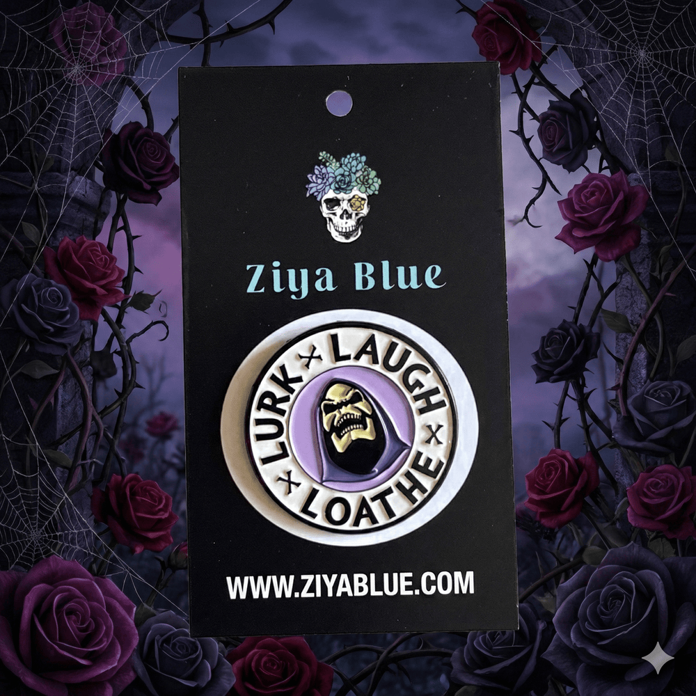Lurk Laugh Loathe Enamel Pin | Skeletor Villain Humor – 1.5” Enamel Badge - Ziya Blue