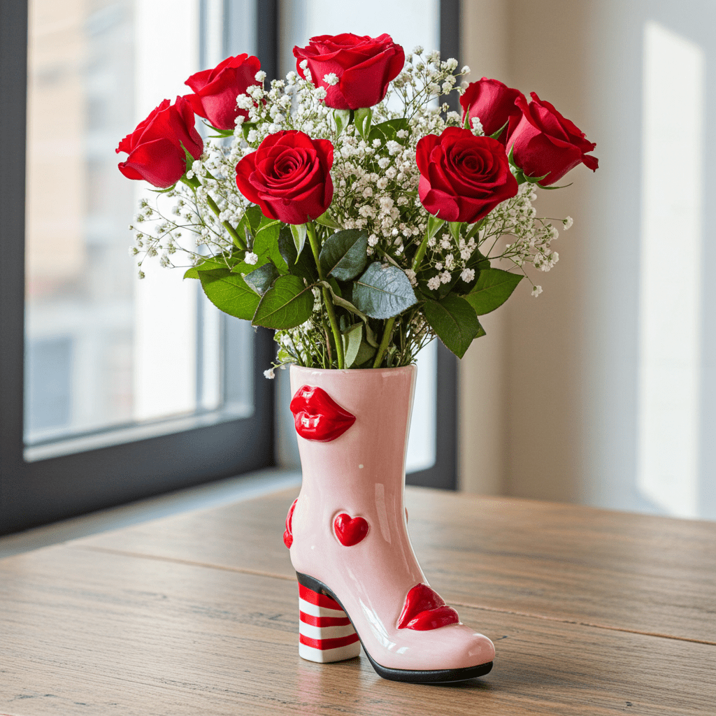 Medium Heart & Lips Heeled - Boot Ceramic Vase - Ziya Blue