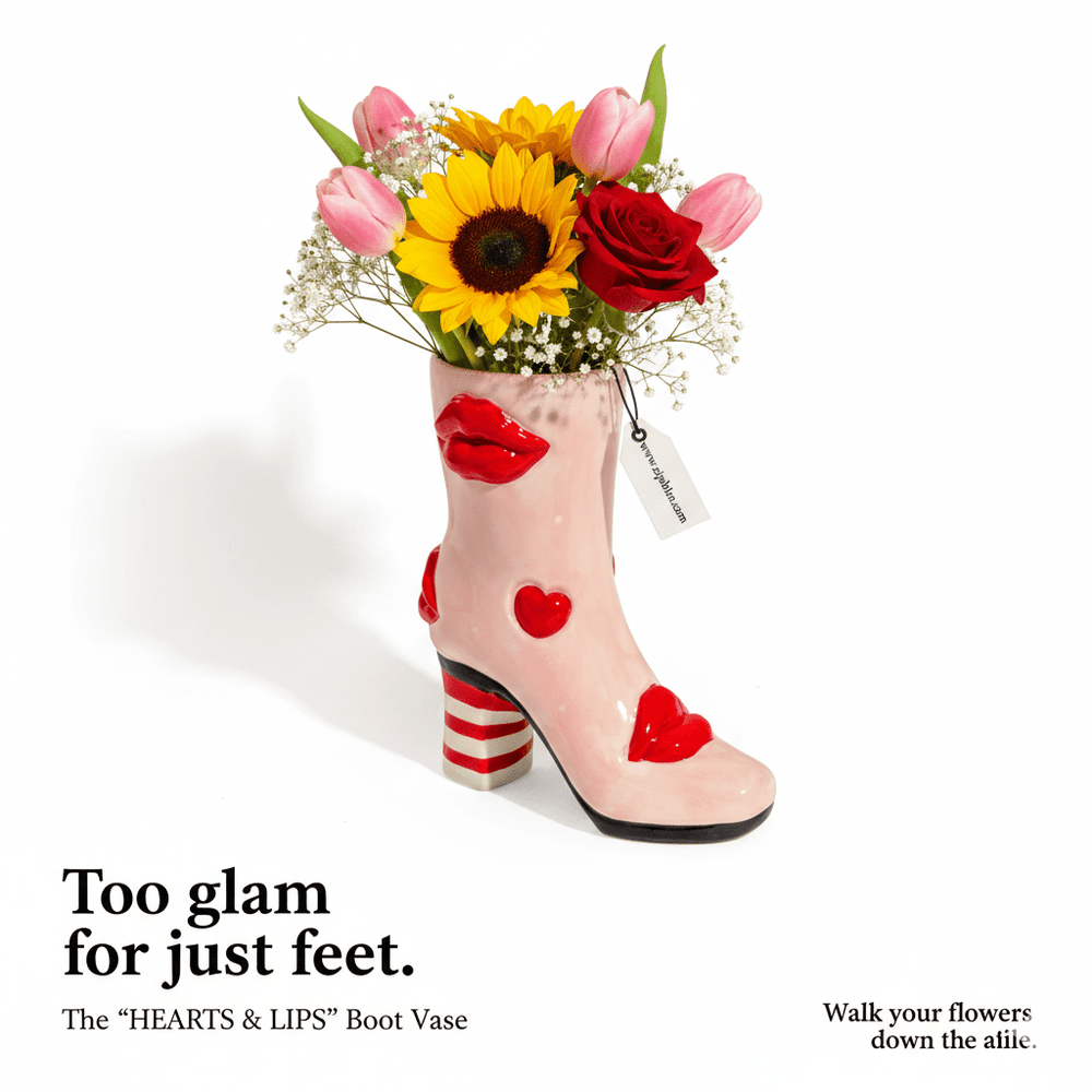 Medium Hearts & Lips Heeled - Boot Vase ❤️ - Ziya Blue