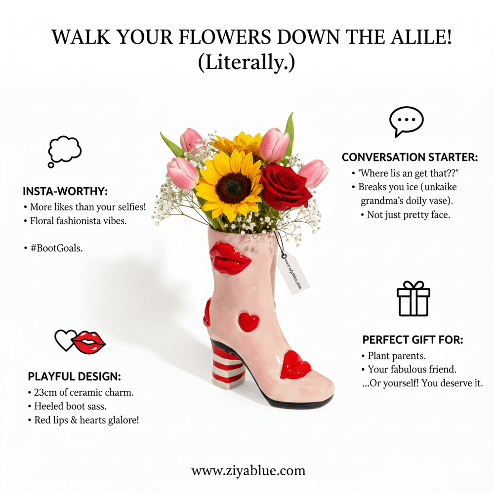 Medium Hearts & Lips Heeled - Boot Vase ❤️ - Ziya Blue