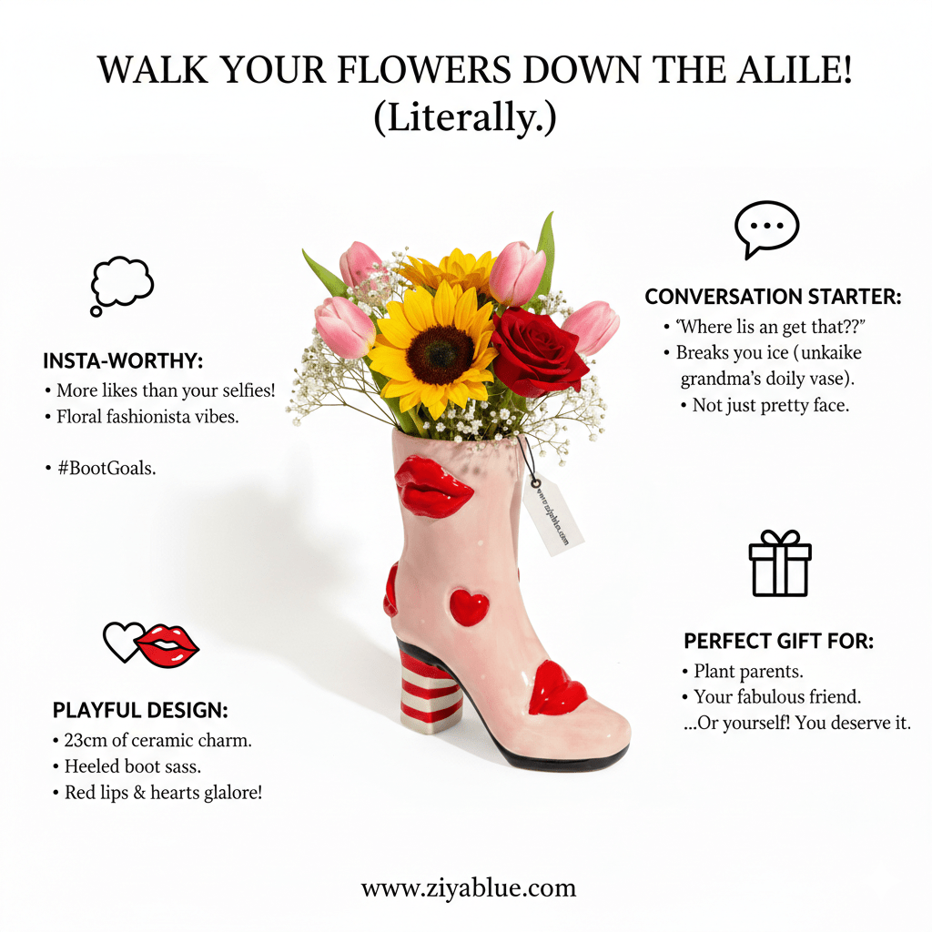 Medium Hearts & Lips Heeled - Boot Vase ❤️ - Ziya Blue