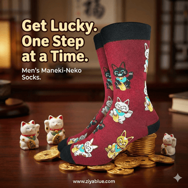Men's Lucky Waving Cat Socks – Red Maneki - Neko Crew (The Fortune Feet) - Ziya Blue