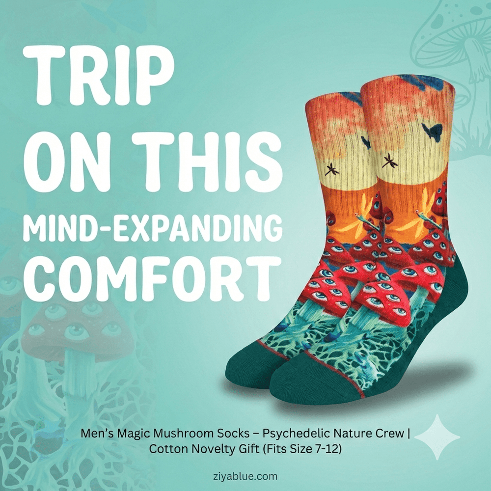 Men's Magic Mushroom Socks – Psychedelic Nature Crew | Cotton Novelty Gift (Fits Size 7 - 12) - Ziya Blue