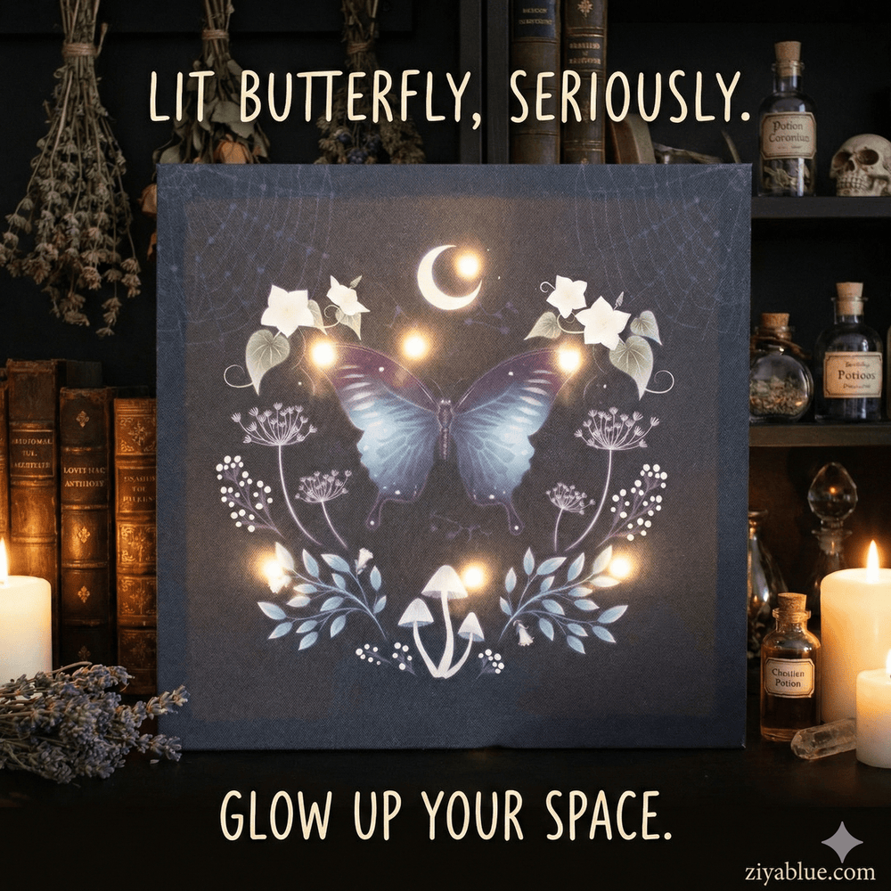 "Midnight Moth" Light - Up Canvas Plaque - Ziya Blue