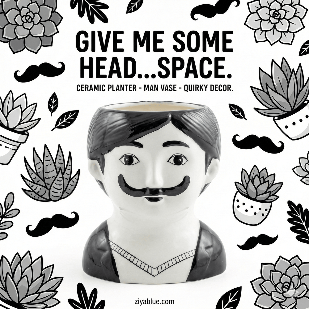 Modern Male Face Ceramic Vase | Black & White Monochrome Decor - Ziya Blue