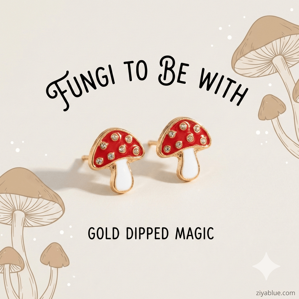 Mushroom Stud Earrings | Gold Plated Enamel & Crystal – Sensitive Skin Friendly - Ziya Blue