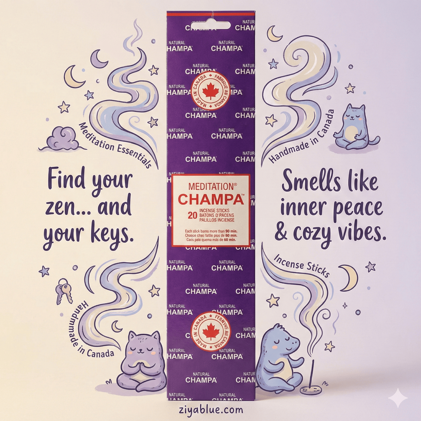 Natural Champa Incense Sticks - Meditation Blend | Made in Canada - Ziya Blue