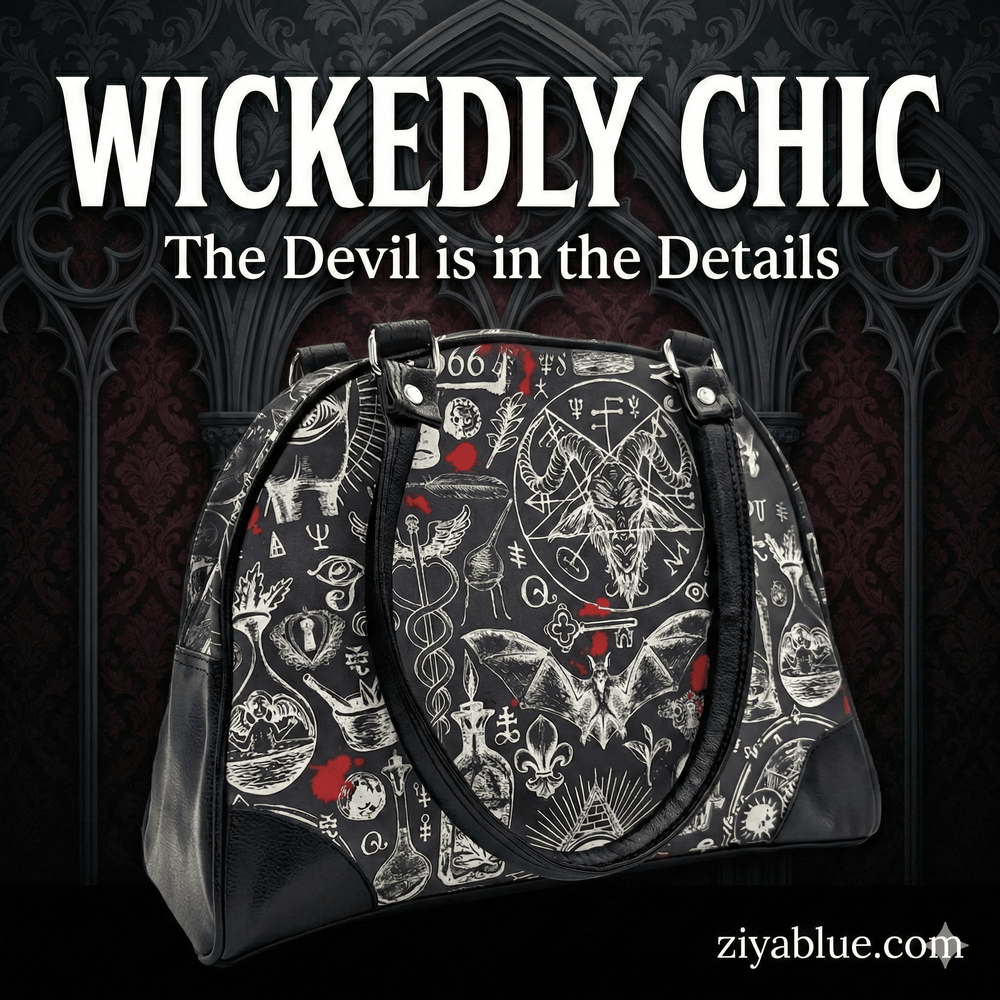 Occult Calling Purse | Paranormal Bowler Bag with Faux Leather & Satin - Ziya Blue