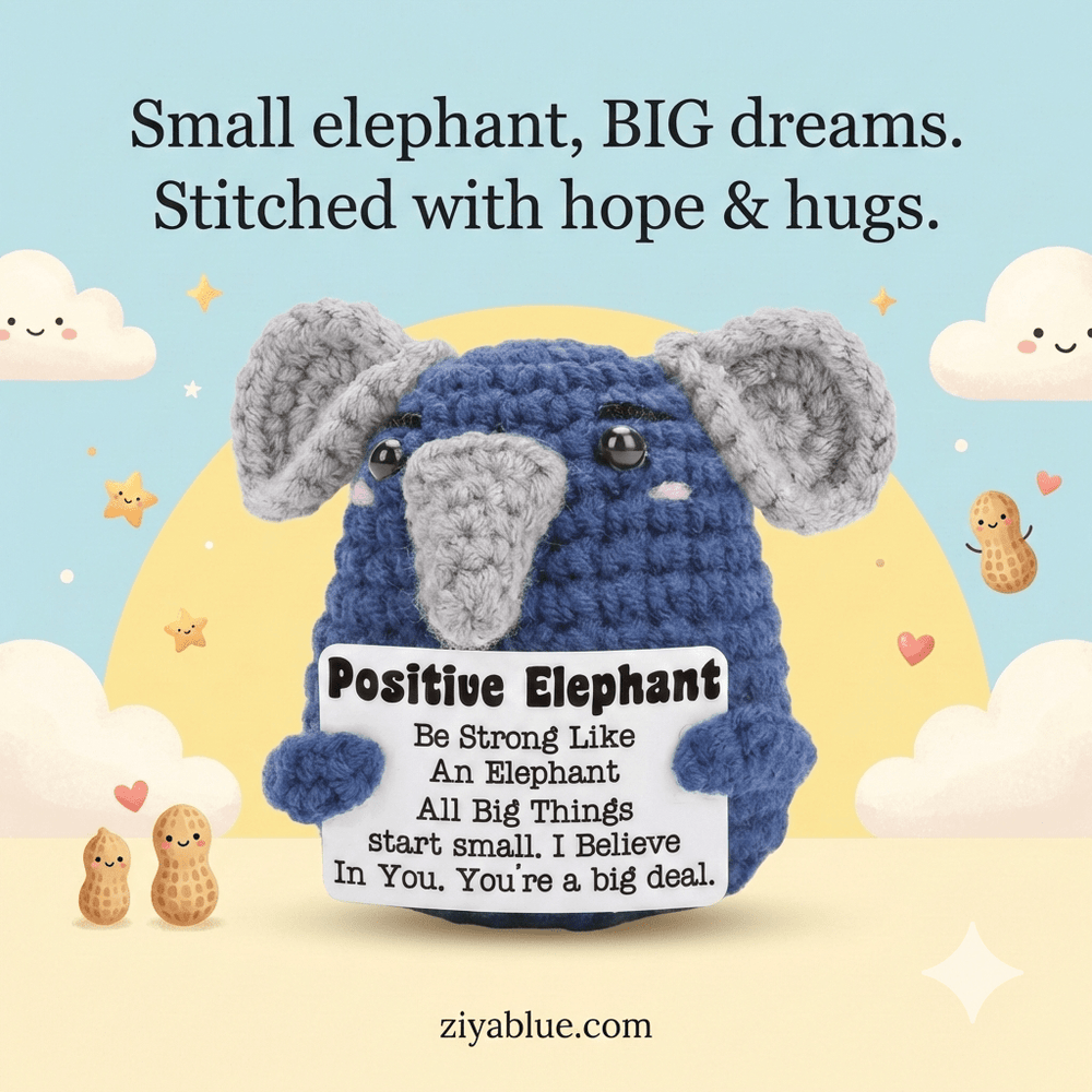 positive Crochet Elephant Plush Buddy - Handmade Affirmation Gift - Ziya Blue