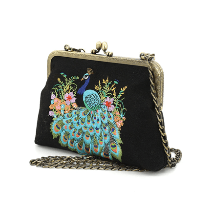 Peacock Embroidered Kiss Lock Bag - Ziya Blue