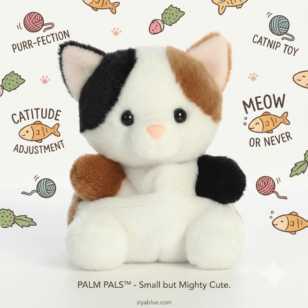 Peebs Calico Cat Palm Pal | Mini Spotted Kitty Plush Toy - Ziya Blue