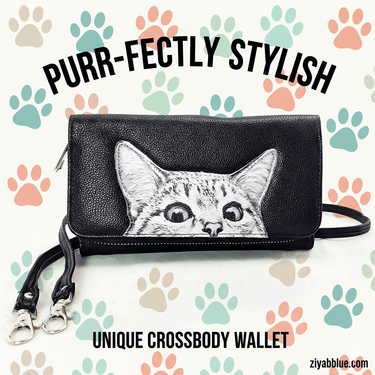 Peeking Cats Wallet – Canvas Crossbody Clutch (Here Kitty, Kitty) - Ziya Blue