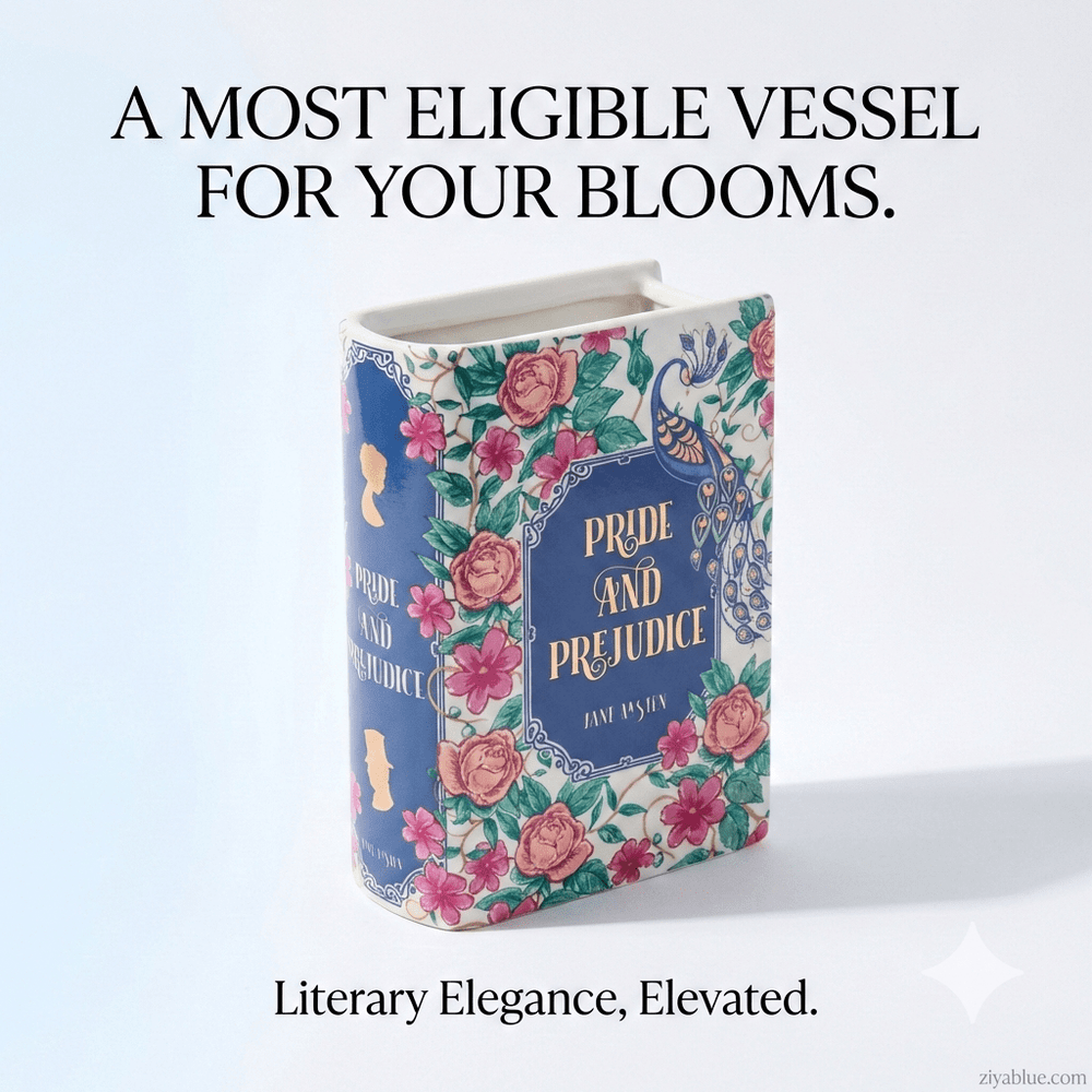 Pride & Prejudice Large Book Vase (8") | Jane Austen Ceramic Decor 📖🌹 - Ziya Blue