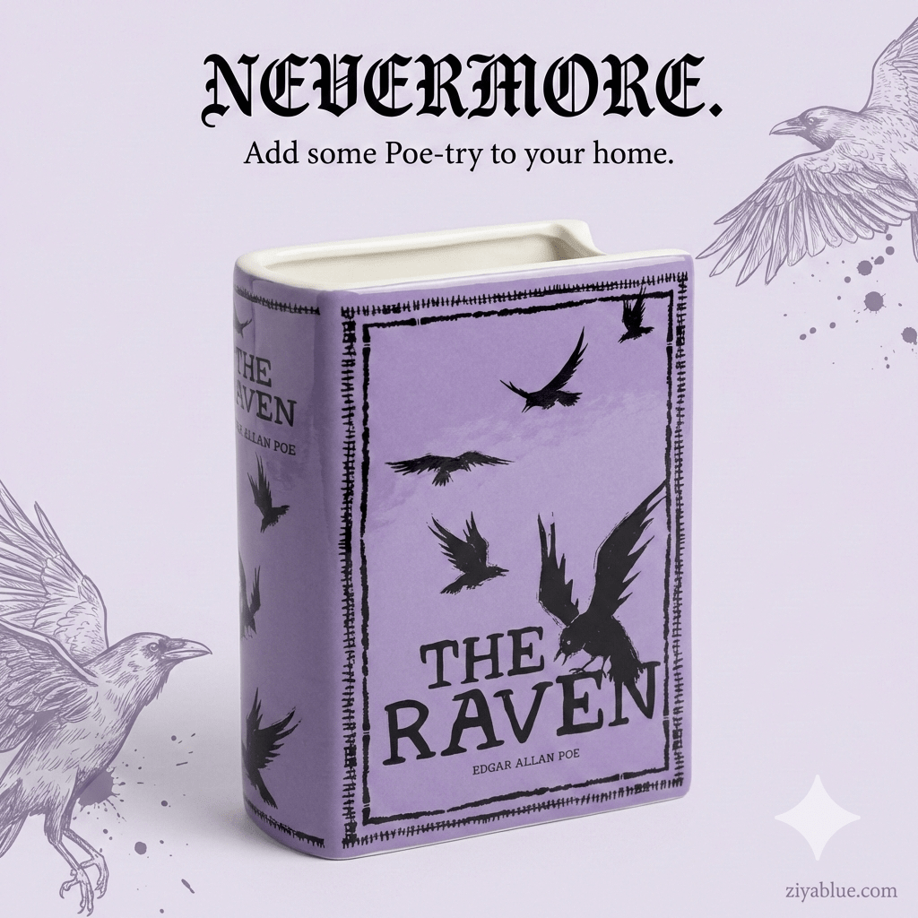 Quoth the Raven: "Nevermore" a Boring Room! | Large 8" Ceramic Book Vase - Ziya Blue