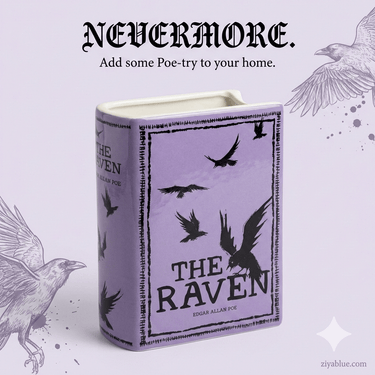 Quoth the Raven: "Nevermore" a Boring Room! | Large 8" Ceramic Book Vase - Ziya Blue