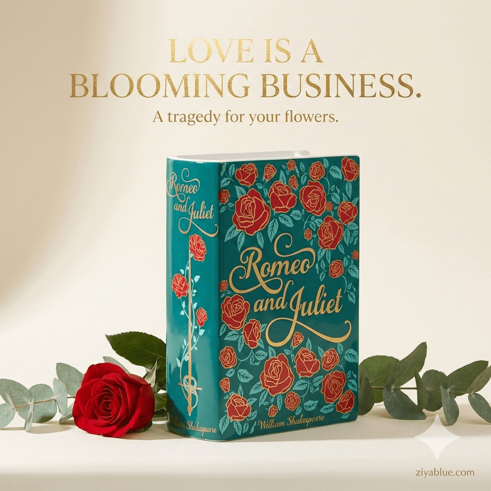 Romeo & Juliet Large Book Vase (8") | Shakespearean Floral Tragedy 🌹📖 - Ziya Blue