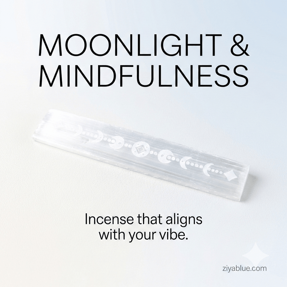 Selenite Incense Ash Catcher (8 in.) - Celtic Moon 🌙✨ - Ziya Blue