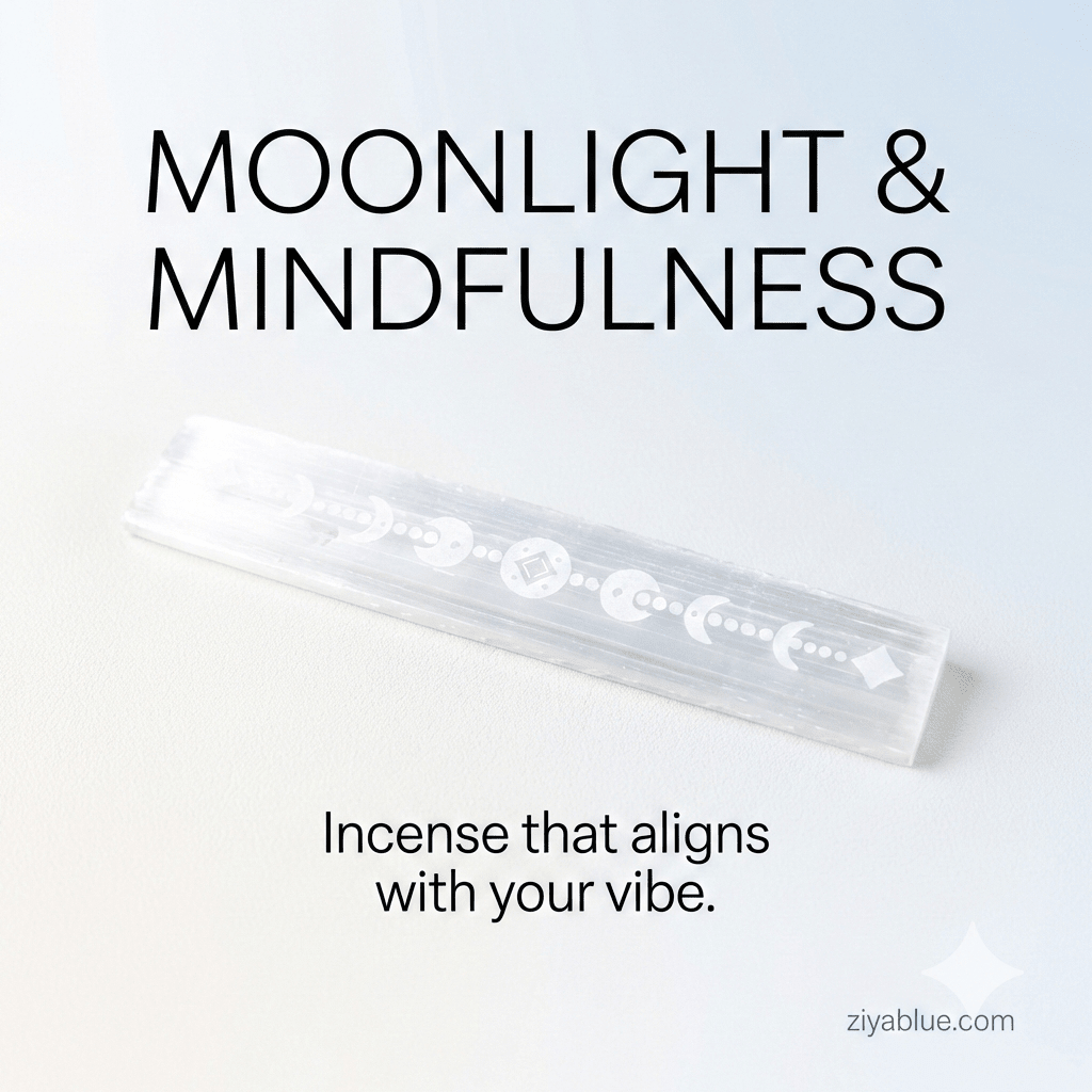 Selenite Incense Ash Catcher (8 in.) - Celtic Moon 🌙✨ - Ziya Blue