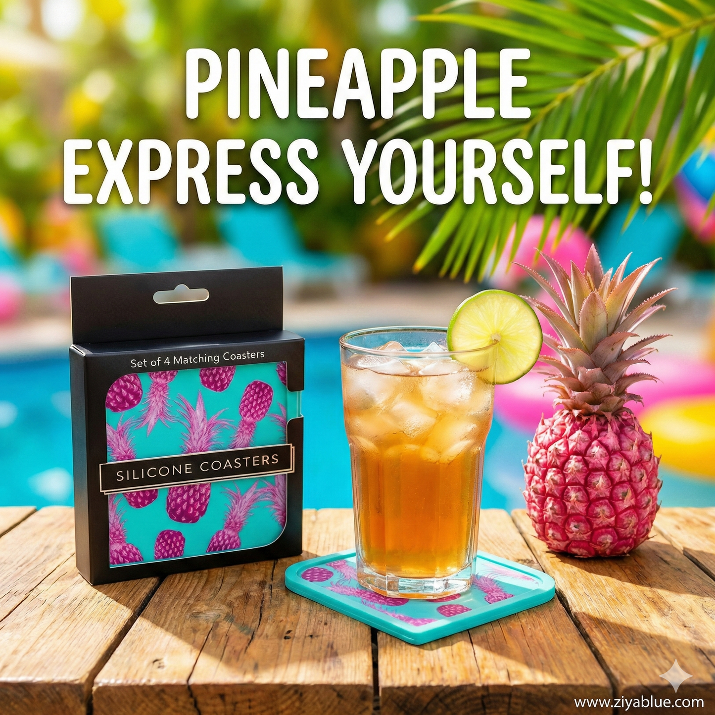 Set of 4 Silicone Coasters - Tropikal - Ziya Blue