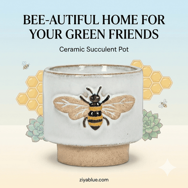 Single Emboss Bee Planter – 3" Stoneware Succulent Pot (Cottage - Core Decor) - Ziya Blue
