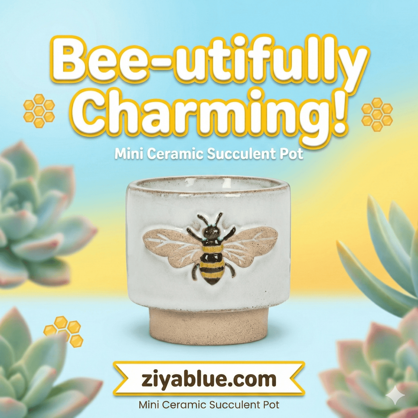 Single Emboss Bee Planter – 3" Stoneware Succulent Pot (Cottage - Core Decor) - Ziya Blue