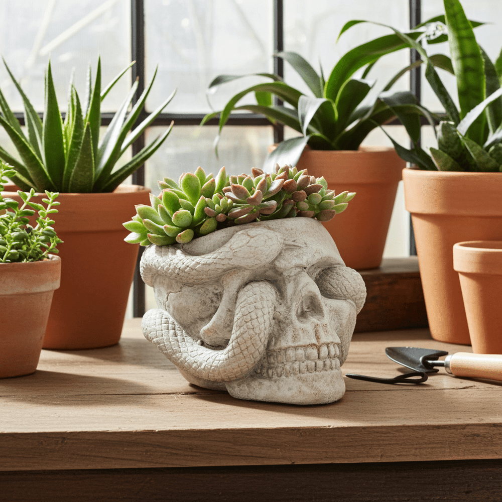 Skull Planter W/ Snake - Ziya Blue