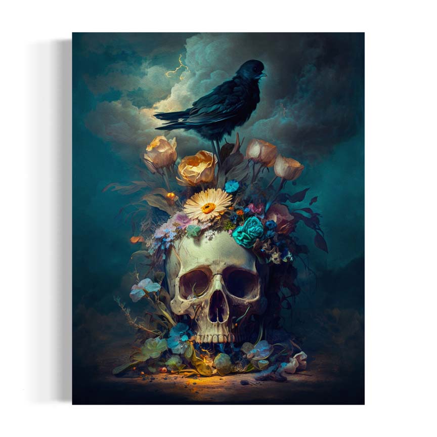 Skull with Flowers and Raven Art 8x10 - Ziya Blue