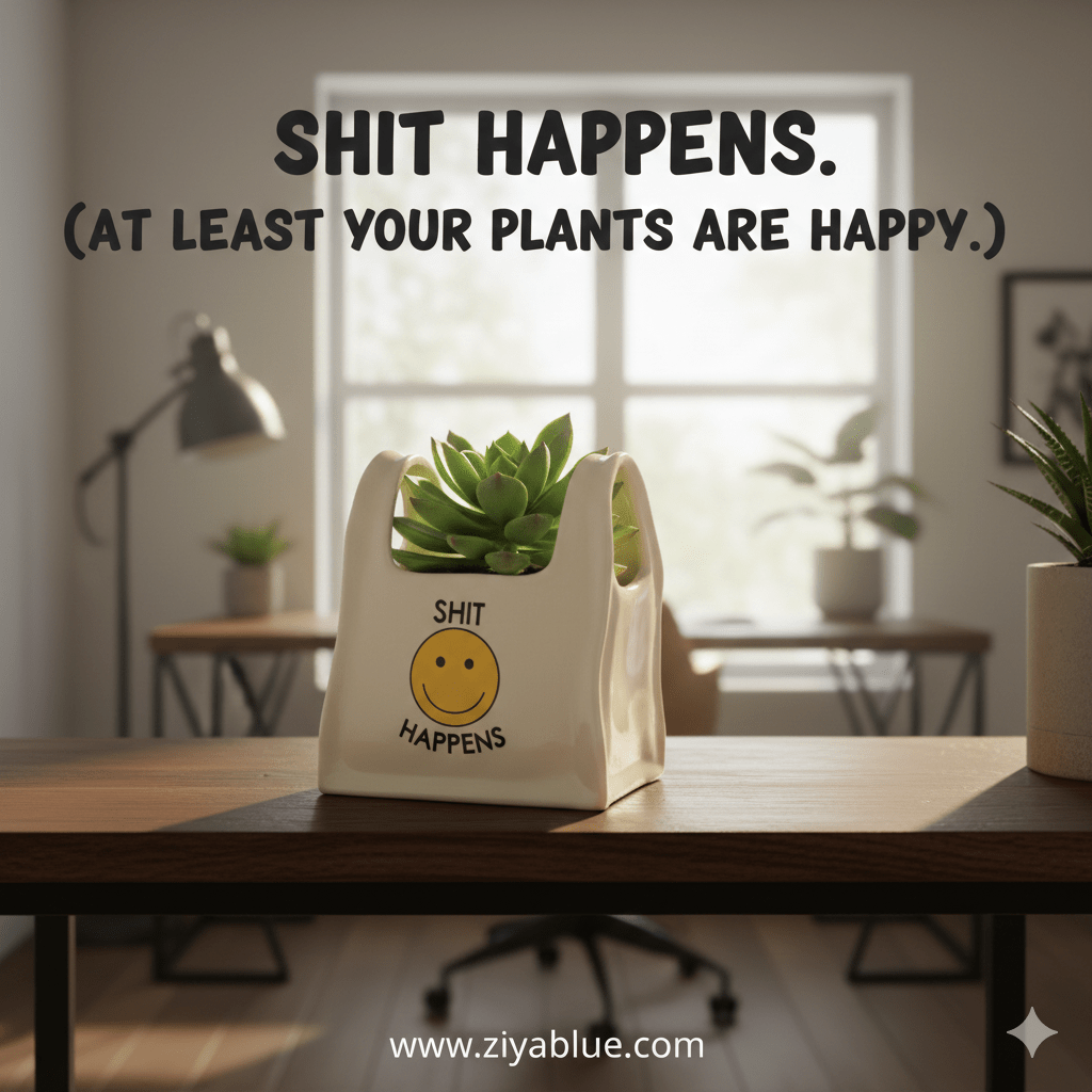 Smiley Face Shopping Bag Planter - Ziya Blue