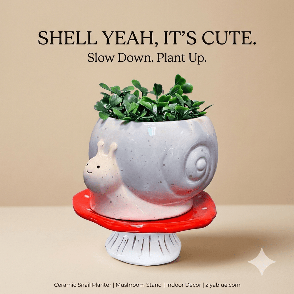 Snail & Mushroom Footsie Planter – Ceramic Pot with Drainage (Slow Growth) - Ziya Blue