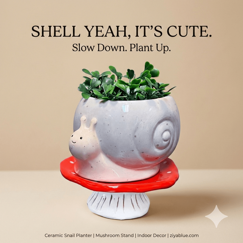 Snail & Mushroom Footsie Planter – Ceramic Pot with Drainage (Slow Growth) - Ziya Blue