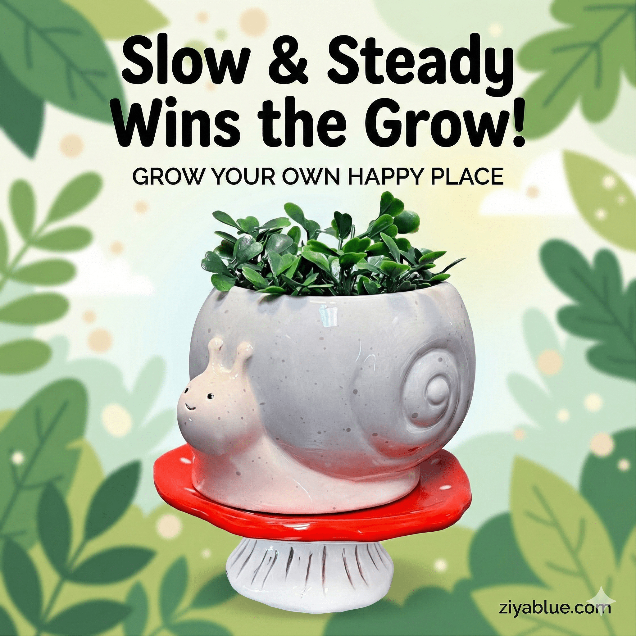 Snail & Mushroom Footsie Planter – Ceramic Pot with Drainage (Slow Growth) - Ziya Blue