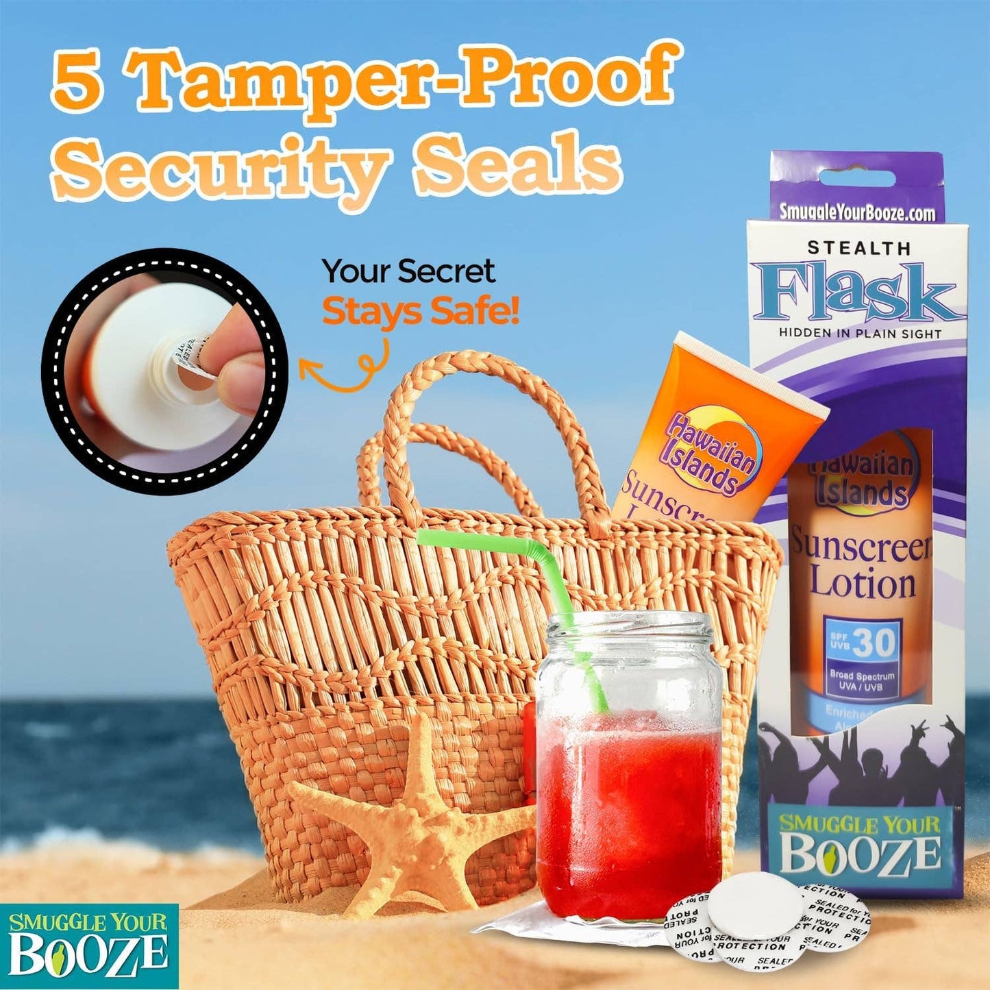 SPF 30 Sunscreen Flask: 10oz with Funnel & 5 Seals! - Ziya Blue