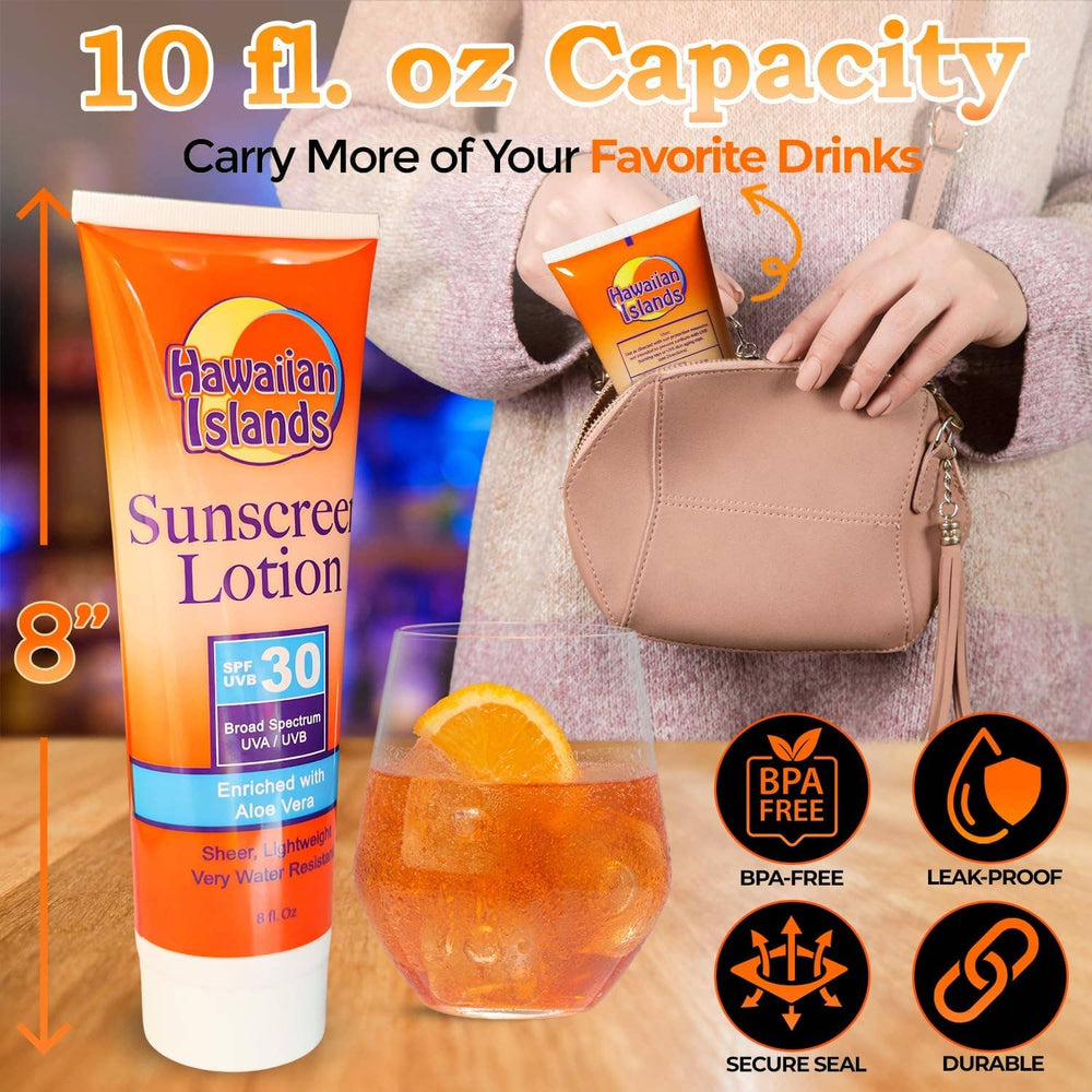 SPF 30 Sunscreen Flask: 10oz with Funnel & 5 Seals! - Ziya Blue