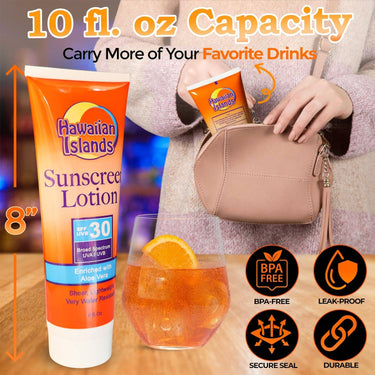 SPF 30 Sunscreen Flask: 10oz with Funnel & 5 Seals! - Ziya Blue