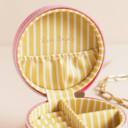 Strawberry Embroidered Travel Round Jewellery Case in Pink - Ziya Blue