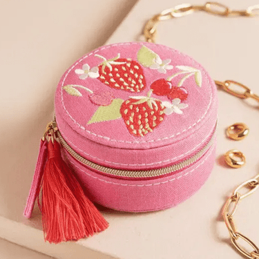 Strawberry Embroidered Travel Round Jewellery Case in Pink - Ziya Blue