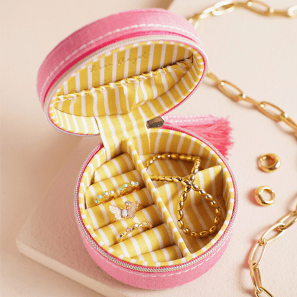 Strawberry Embroidered Travel Round Jewellery Case in Pink - Ziya Blue