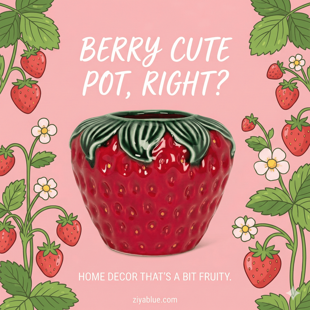 Strawberry Stoneware Wide Vase | Cottagecore Decor - Ziya Blue