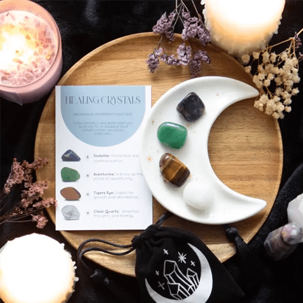 Success Healing Crystal Set with Moon Trinket Dish" 🌙✨ - Ziya Blue
