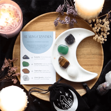 Success Healing Crystal Set with Moon Trinket Dish" 🌙✨ - Ziya Blue