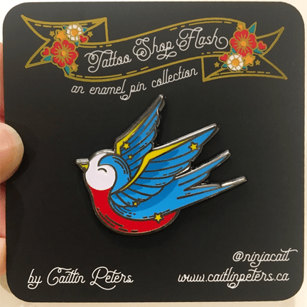 Swallow Bird Tattoo Flash Enamel Pin - Ziya Blue