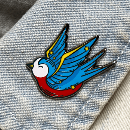 Swallow Bird Tattoo Flash Enamel Pin - Ziya Blue