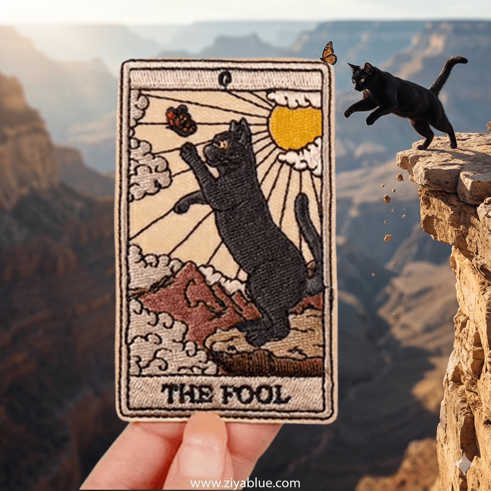 The Fool Black Cat Tarot Iron On Patch - Ziya Blue