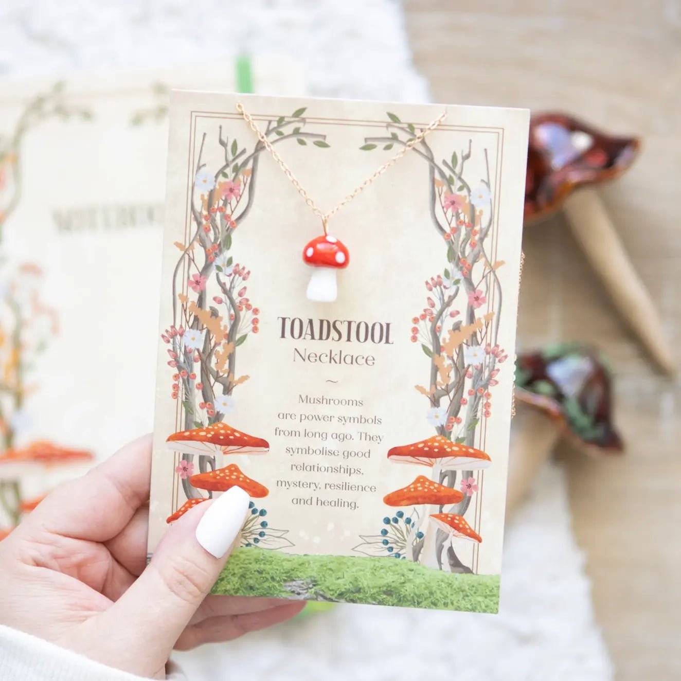 Toadstool Charm Necklace Greeting Card - Ziya Blue