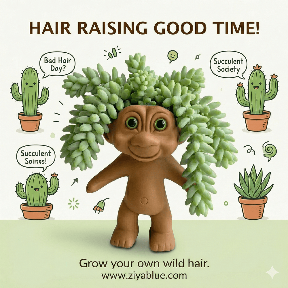 Troll Doll Planter | 6" Retro Succulent Pot | Whimsical Plant Decor - Ziya Blue