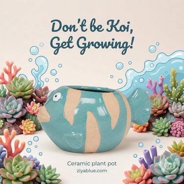 Turquoise Fish Planter — Small Stoneware Fish Pot (2" & 3") - Ziya Blue
