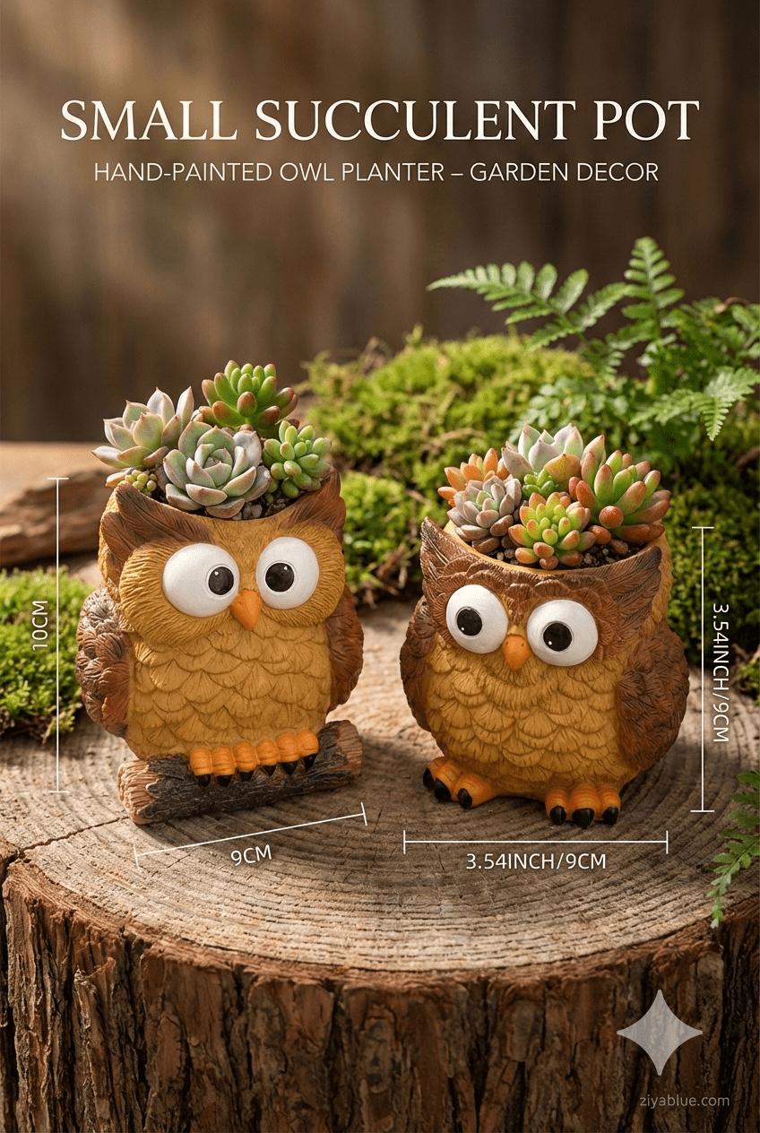 Wise Owl Resin Succulent Pot | Cute Indoor Planter - Ziya Blue