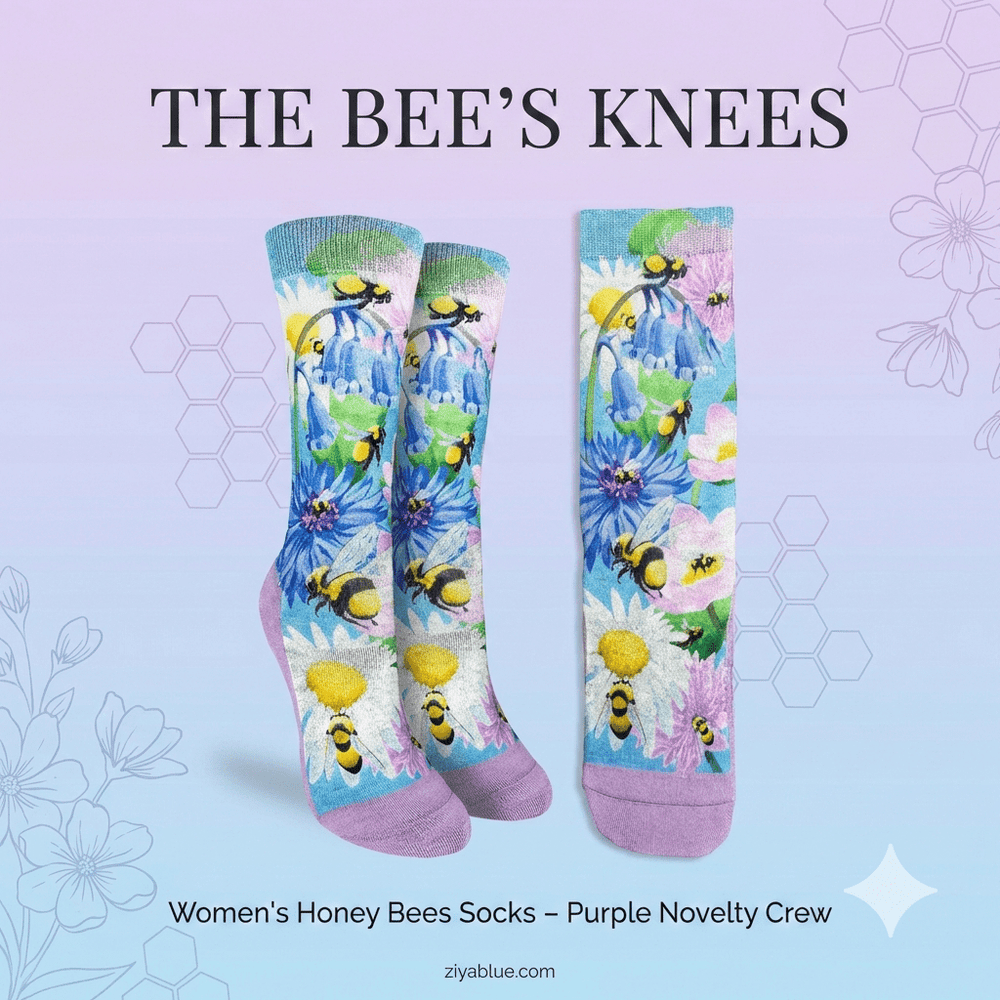 Women's Honey Bees Socks – Purple Novelty Crew (The Bee's Knees) - Ziya Blue